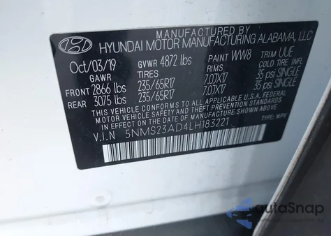 2020 Hyundai Santa Fe Se from USA, damaged, VIN 5NMS23AD4LH183221